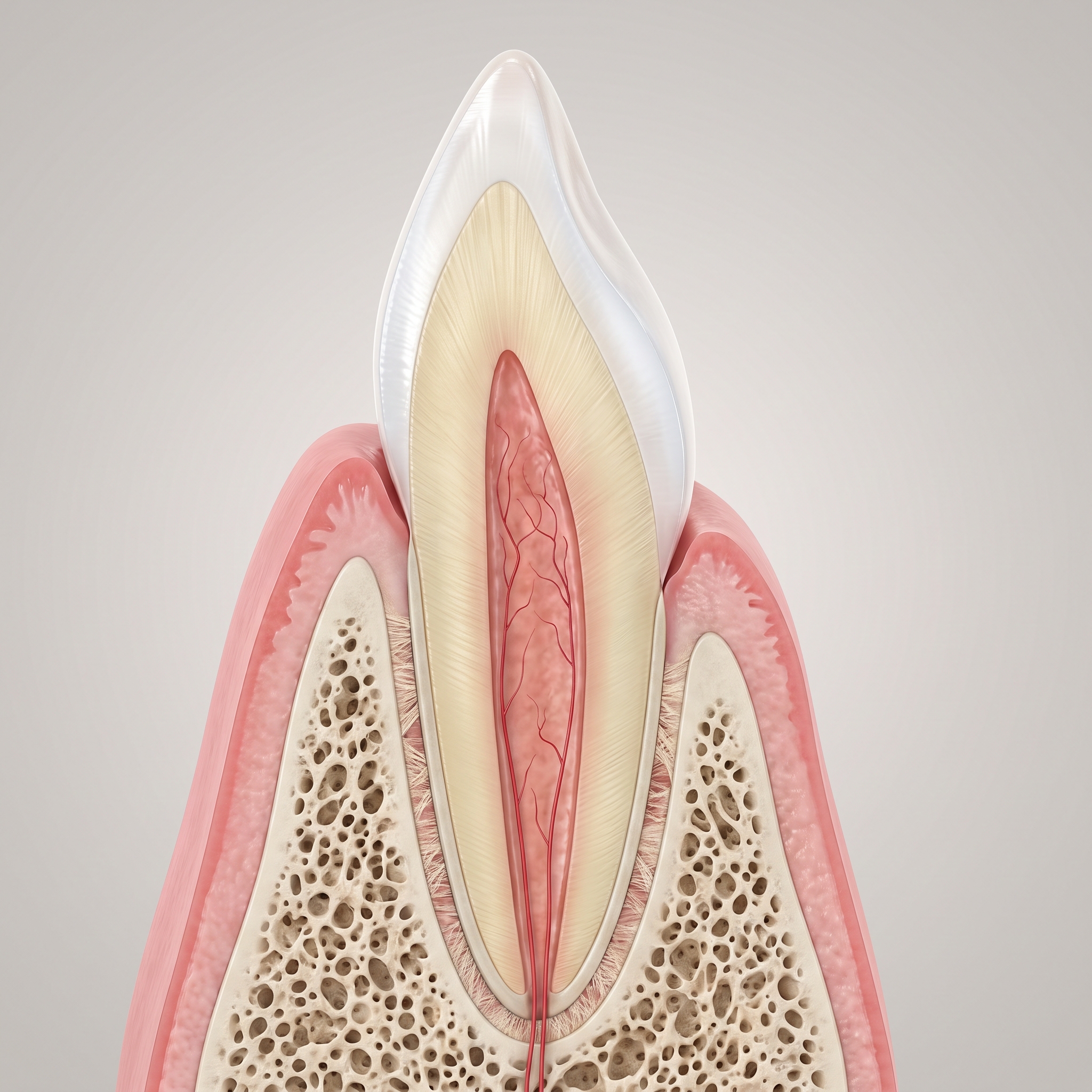 Coupe 3D d'une incisive dans sa gencive et son os, montrant l'émail, la dentine et la pulpe
