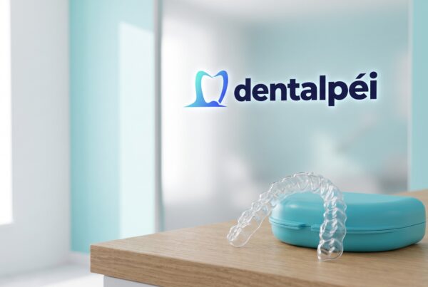 Gouttière d'éclaircissement transparente posée sur un comptoir clair, avec le logo Dentalpéi en arrière-plan