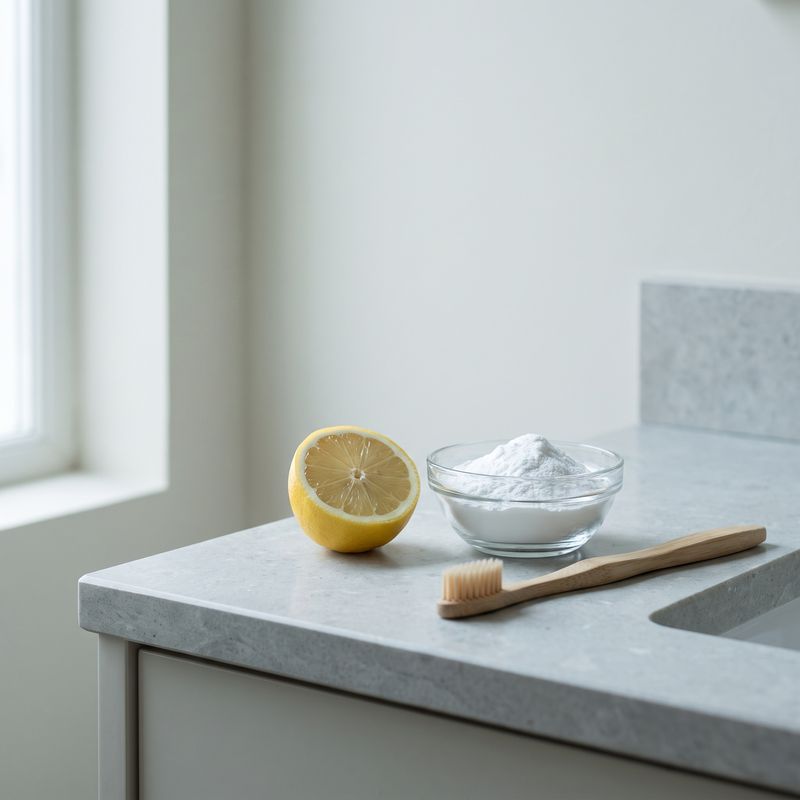 Demi-citron, bol de poudre blanche et brosse à dents posés sur un plan de travail