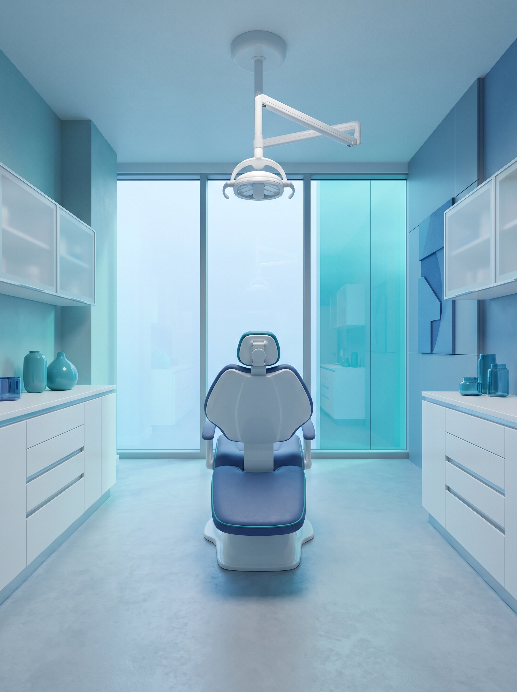 Salle de soins dentaires moderne avec un fauteuil vide dans des tons blanc et bleu