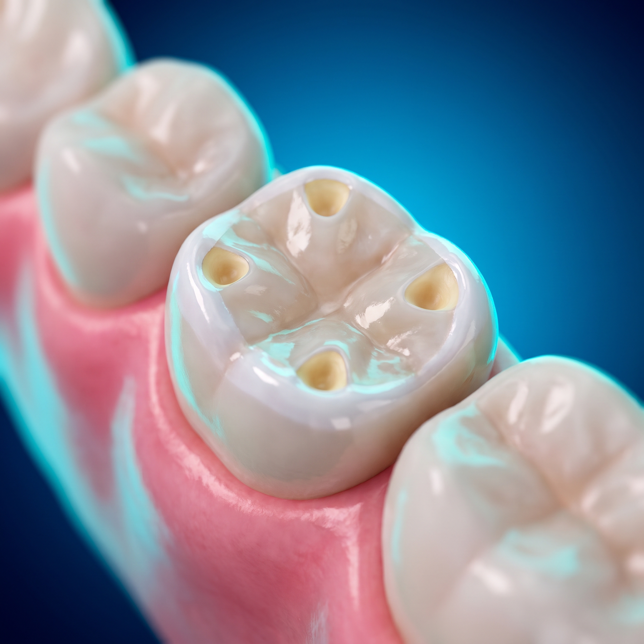 Molaire aux pointes aplaties, facettes d'usure lisses et îlots de dentine jaunâtre au sommet des cuspides