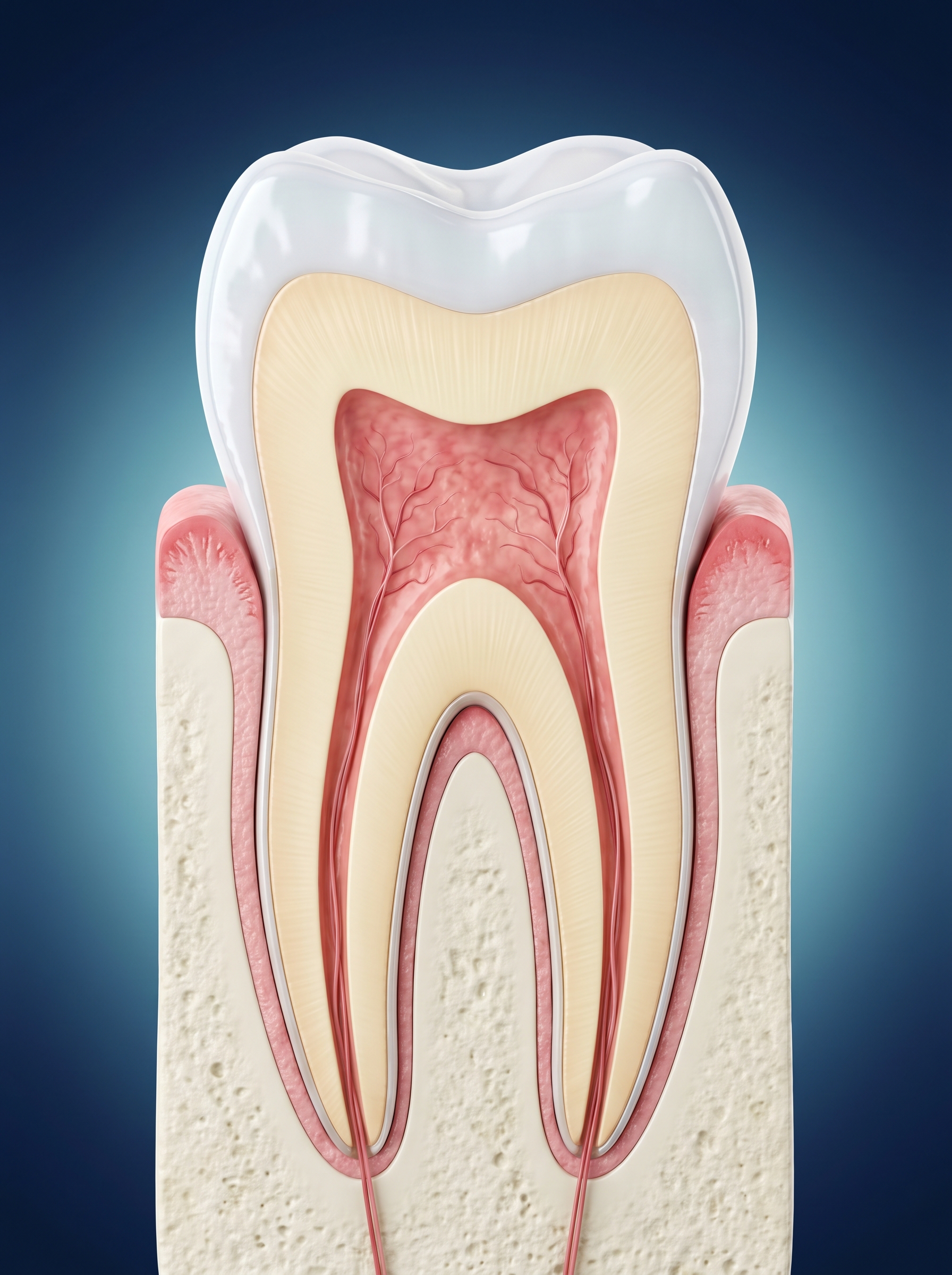 Étape 1 : coupe d'une molaire saine, émail, dentine et pulpe intacts