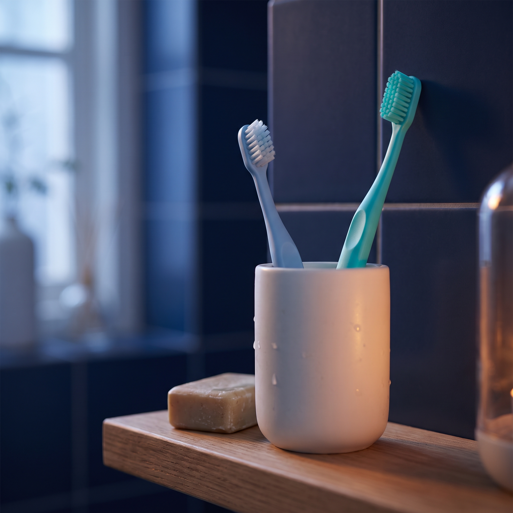 Une brosse à dents d'enfant et une brosse à dents d'adulte dans un gobelet, le soir