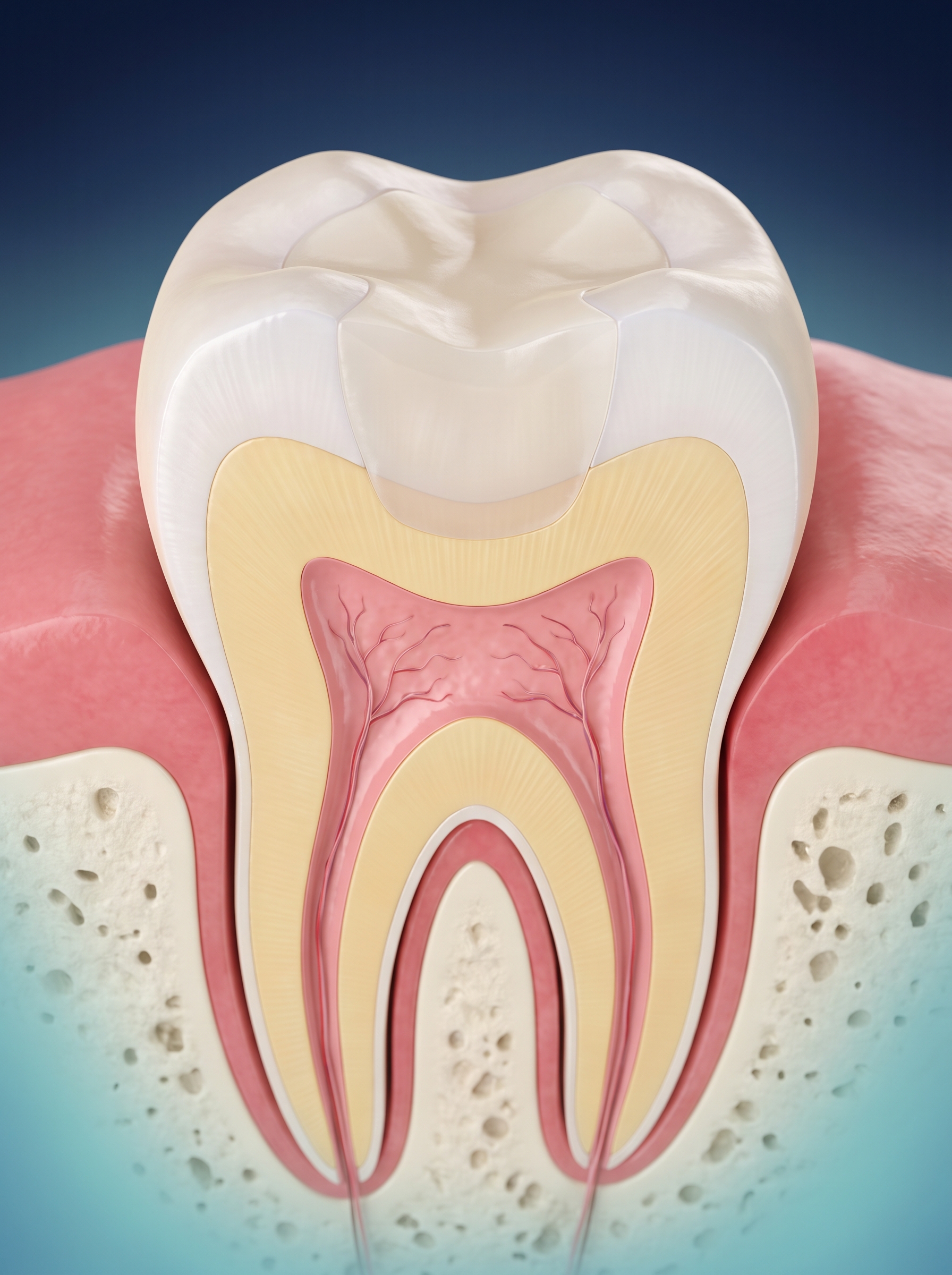 Coupe 3D d'une molaire restaurée par une obturation en résine couleur dent, pulpe saine
