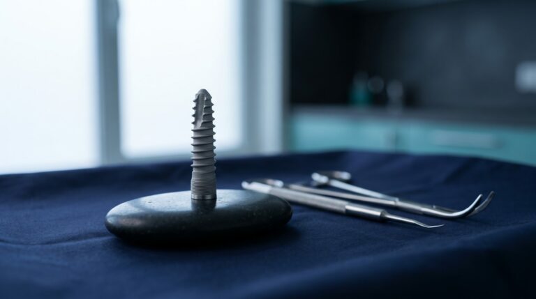 Implant dentaire en titane posé sur un champ opératoire bleu nuit, instruments de chirurgie à l'arrière-plan (image de synthèse)