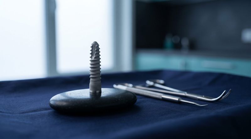 Implant dentaire en titane posé sur un champ opératoire bleu nuit, instruments de chirurgie à l'arrière-plan (image de synthèse)