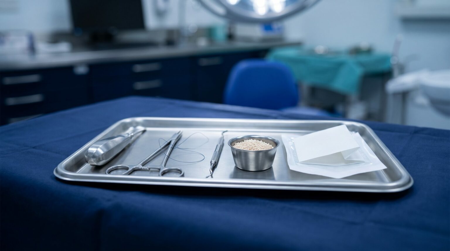 Plateau de chirurgie dentaire : instruments, substitut osseux et membrane de collagène sur un champ bleu nuit