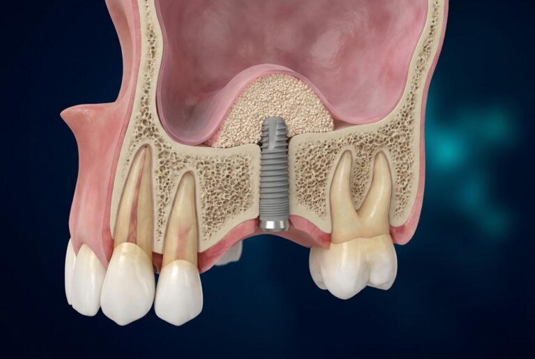 Coupe 3D du maxillaire : membrane du sinus soulevée, comblement osseux et implant