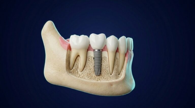 Coupe 3D d'une mâchoire avec un implant dentaire entre deux dents