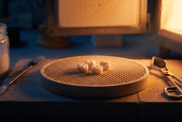 Couronnes en zircone sur un plateau de frittage, au laboratoire