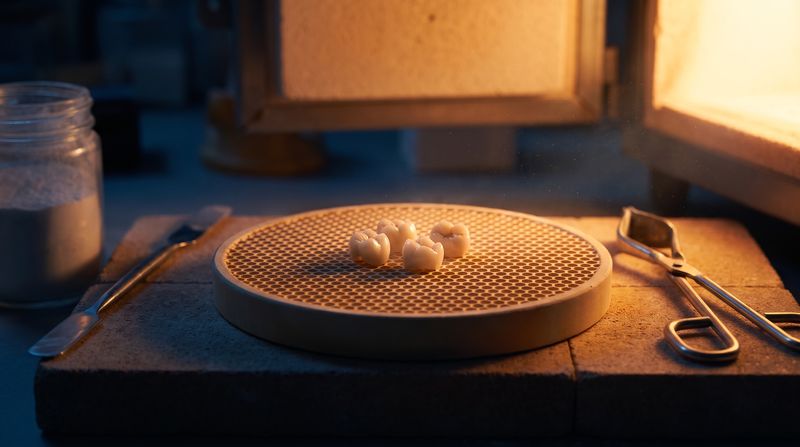 Couronnes en zircone sur un plateau de frittage, au laboratoire