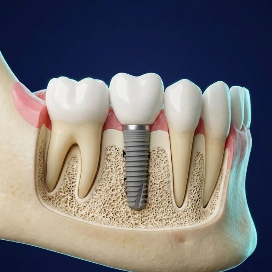 Illustration 3D en coupe : implant en titane dans l'os de la mâchoire, surmonté d'une couronne, entre deux dents naturelles