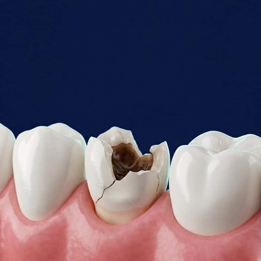 Illustration 3D d'une molaire très abîmée : carie profonde et parois fracturées