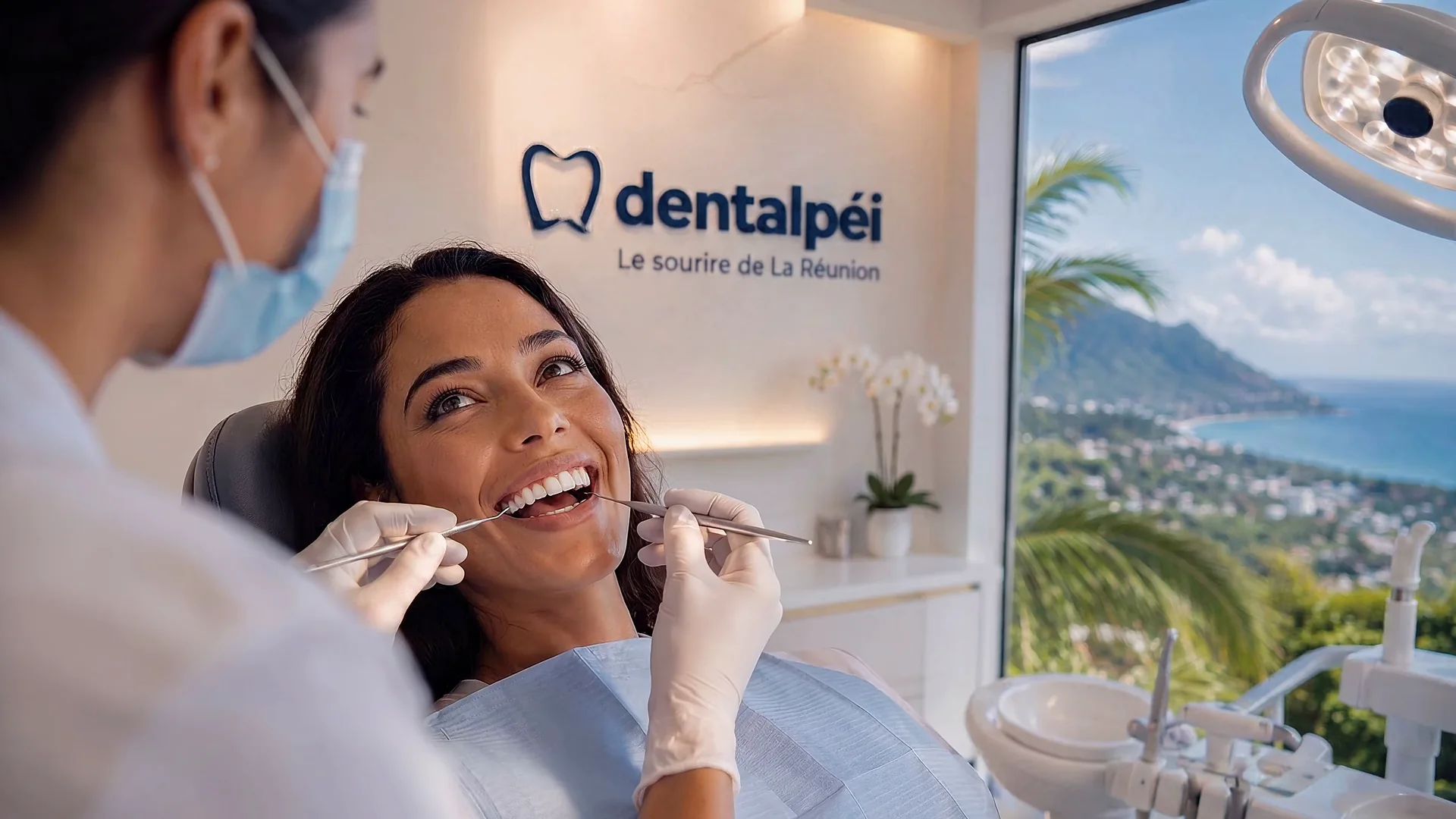 Patiente souriante au fauteuil du cabinet dentaire Dentalpéi, à Saint-Pierre de La Réunion