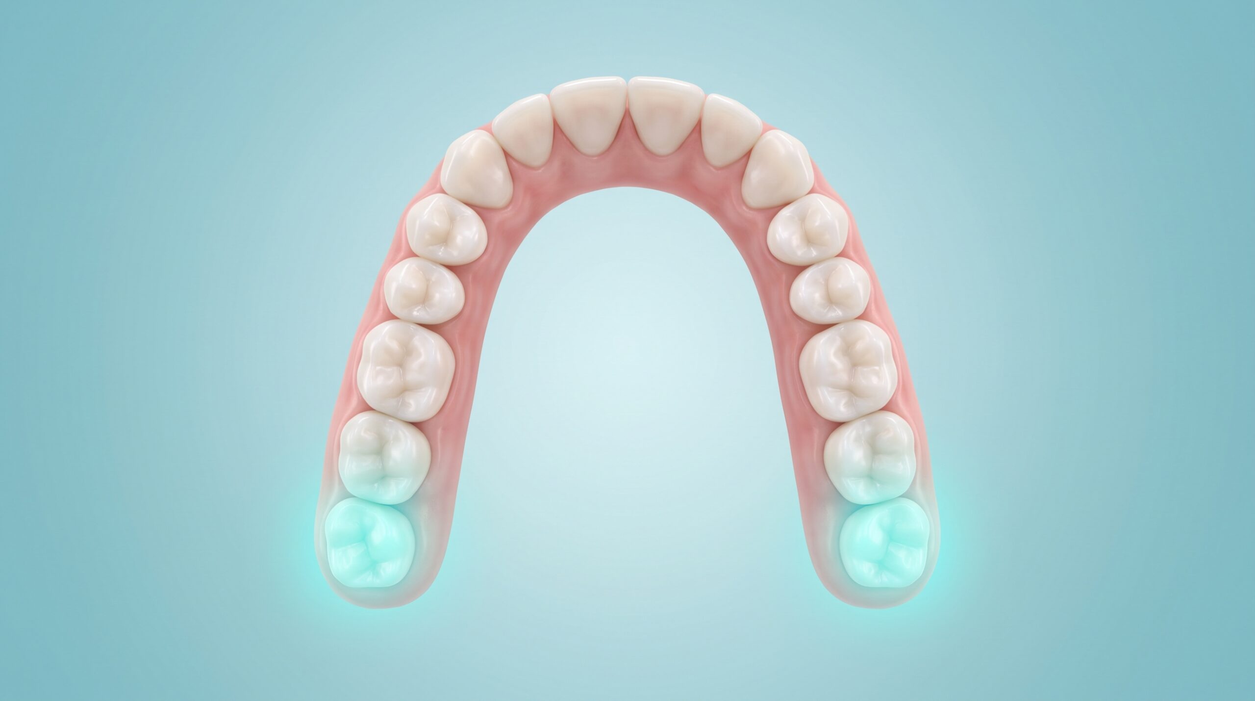 Image de synthèse d'une arcade dentaire inférieure vue de dessus, les dents de sagesse tout au fond de chaque côté