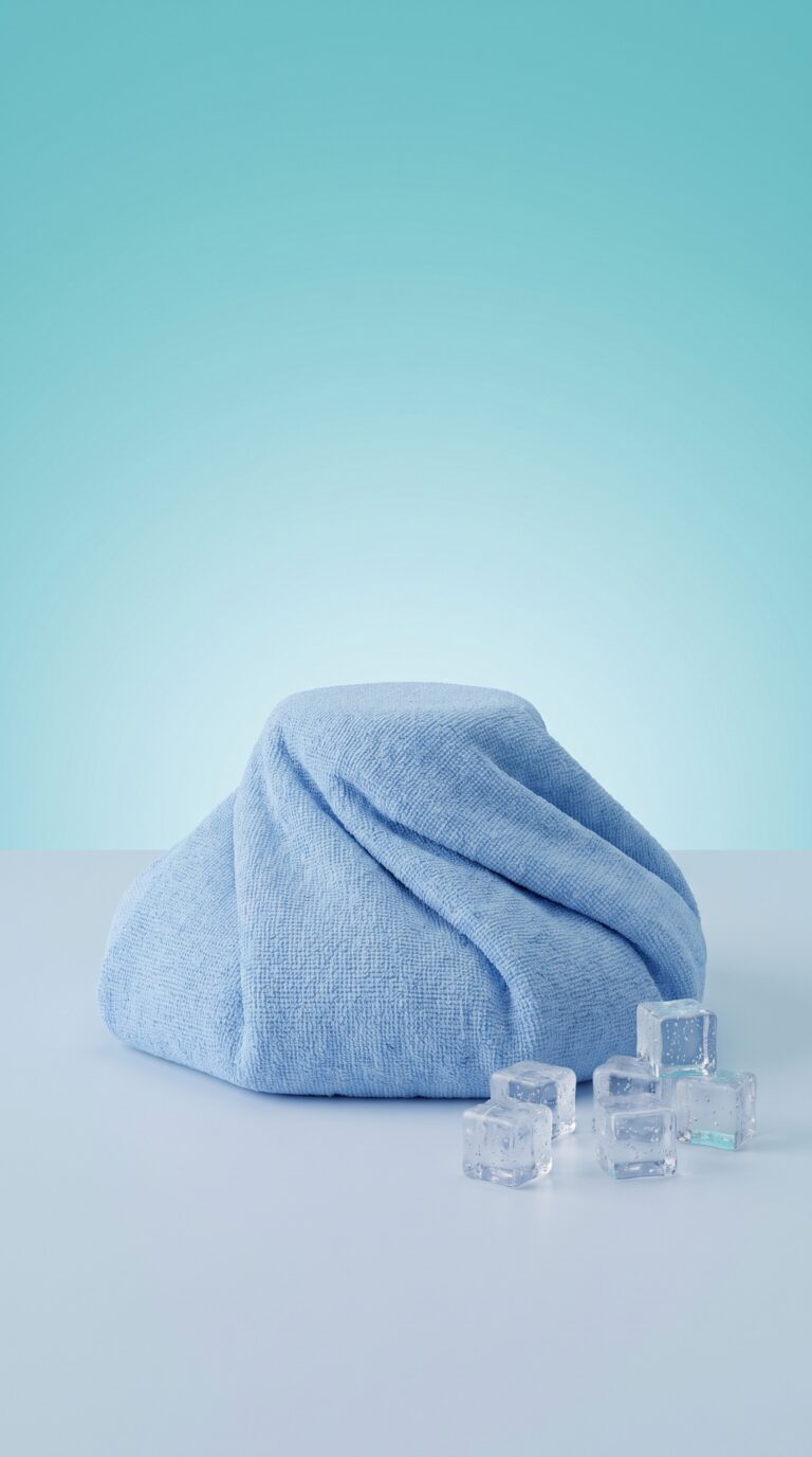 Poche de froid enveloppée dans une serviette, à côté d'un verre d'eau