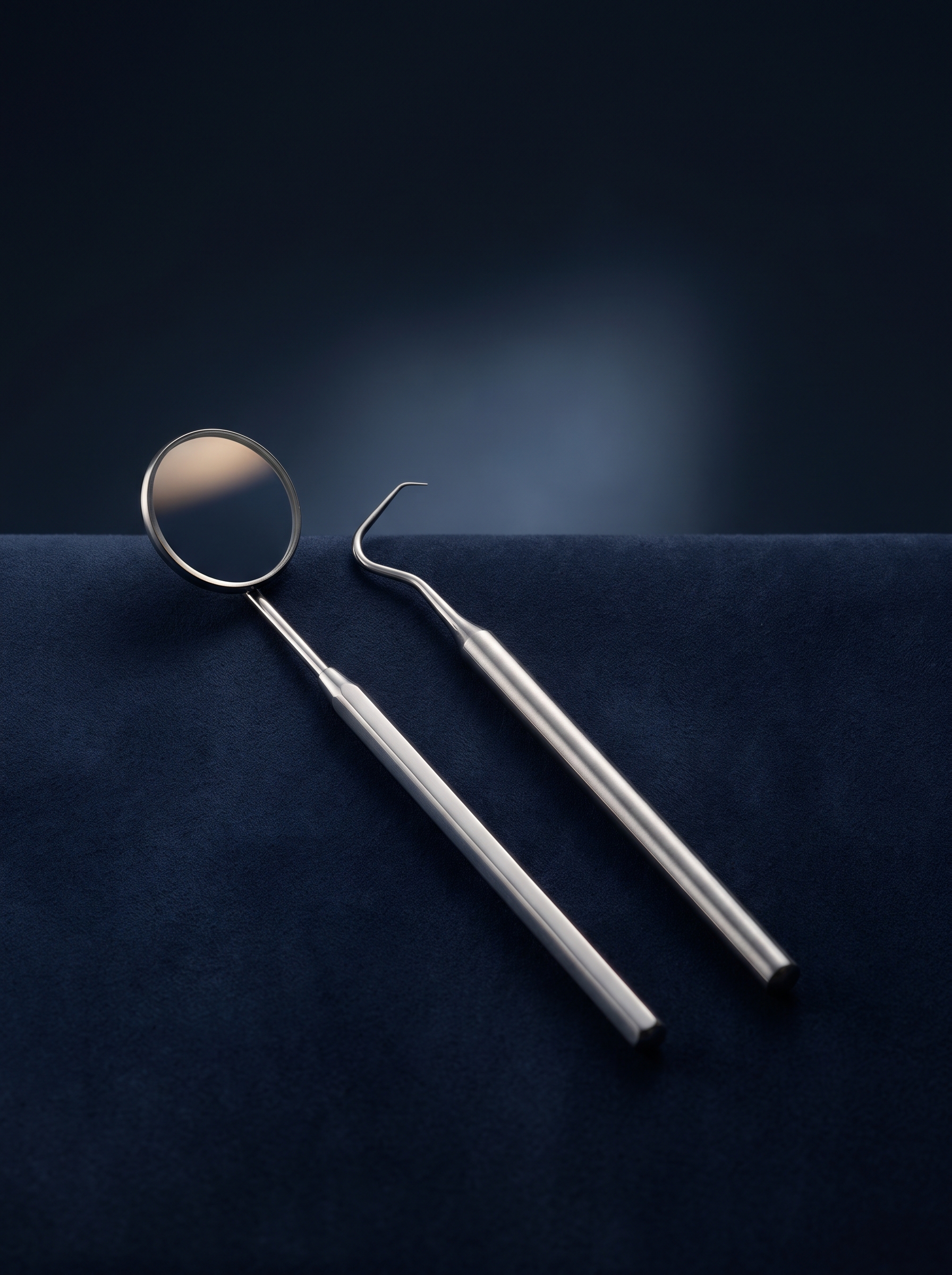 Miroir et sonde d'examen dentaire posés sur une surface bleu nuit