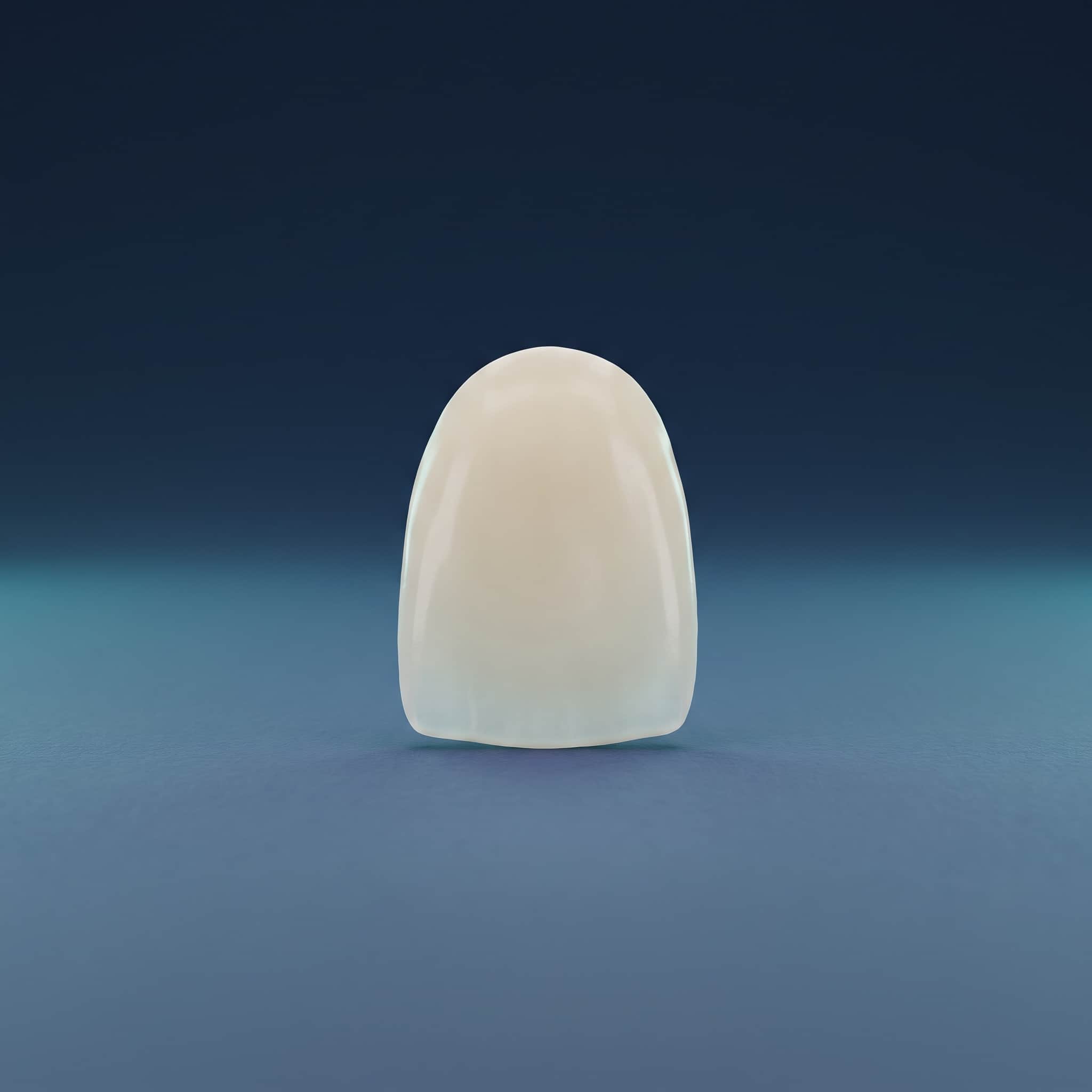 Image de synthèse d'une facette dentaire isolée, fine lamelle reproduisant la face visible d'une incisive