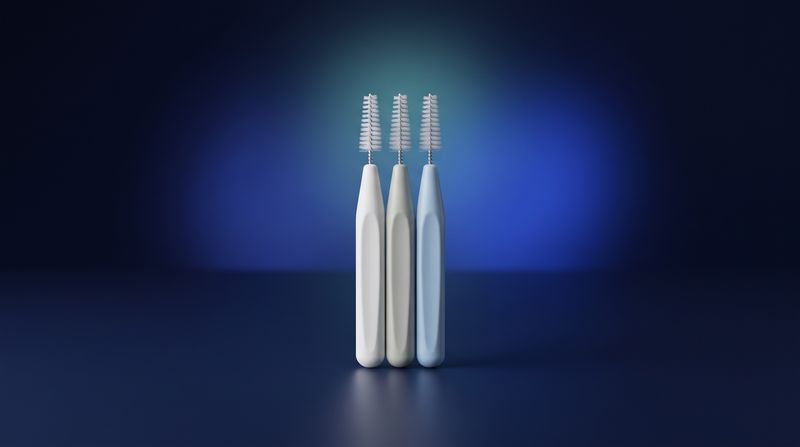 Brossettes interdentaires photographiées en studio sur fond bleu nuit