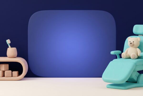Illustration 3D d'un coin de soins dentaires pour enfants avec un petit fauteuil turquoise et une peluche