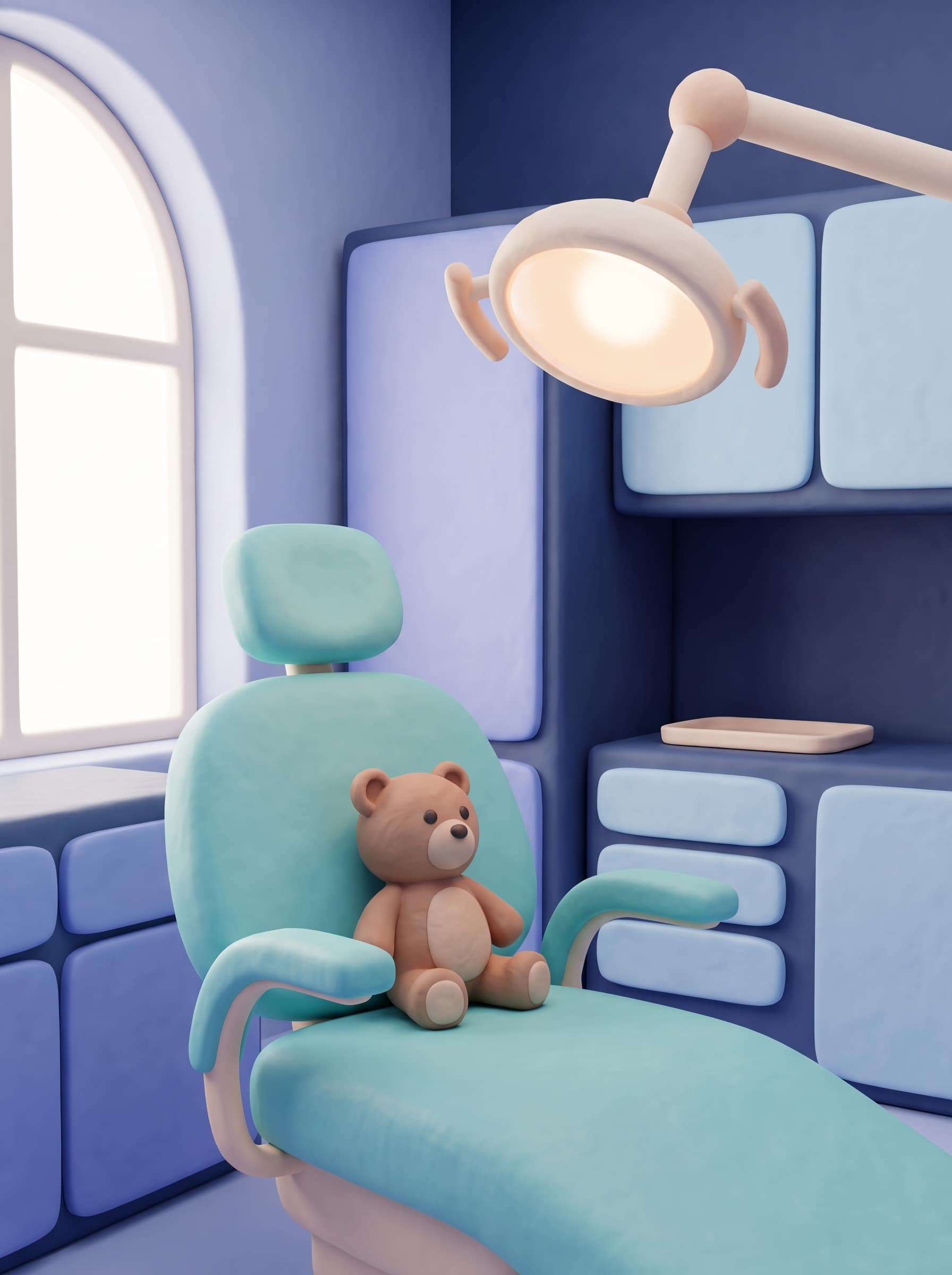 Illustration 3D d'une salle de soins dentaires pour enfants, calme et lumineuse, avec un fauteuil turquoise et une peluche