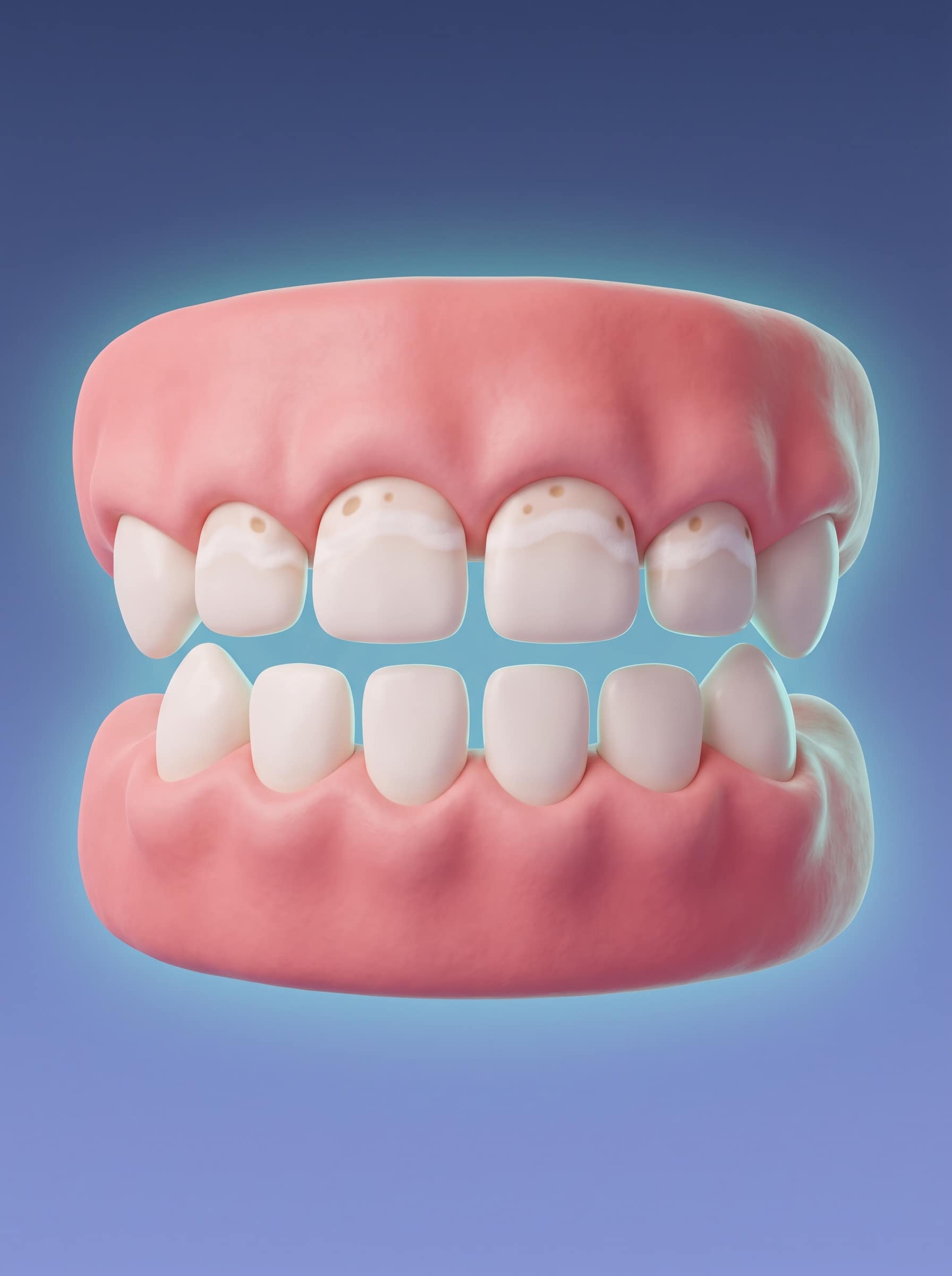 Illustration 3D des petites dents de lait d'un jeune enfant : début de carie (taches blanches et brunes) sur les incisives du haut