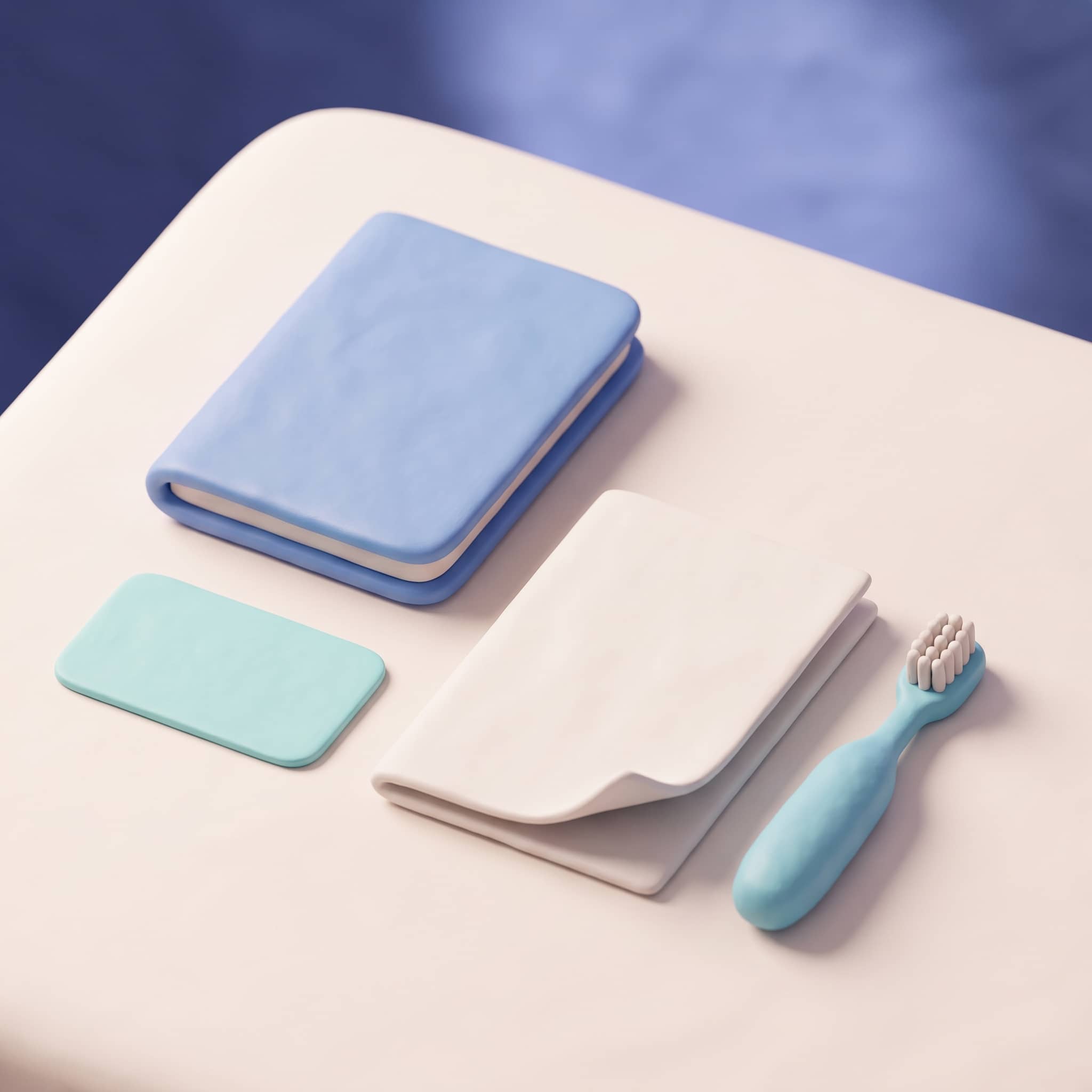 Illustration 3D d'un carnet bleu fermé, d'une carte et d'une petite brosse à dents d'enfant posés sur une table