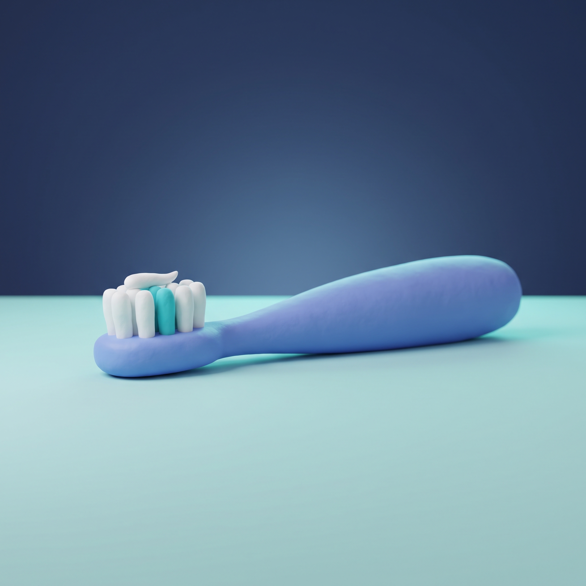 Illustration 3D d'une petite brosse à dents d'enfant avec une trace de dentifrice, de la taille d'un grain de riz