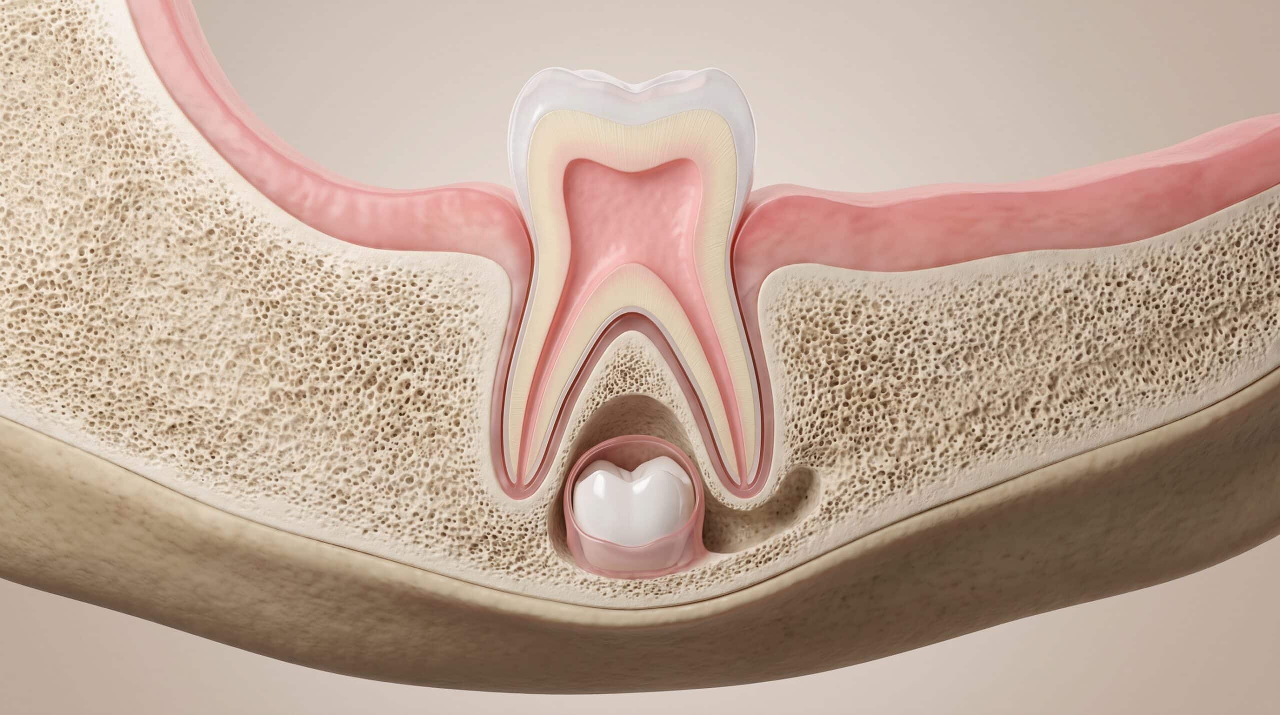 Illustration 3D en coupe : sous une molaire de lait, la dent définitive se forme dans l'os et prendra sa place