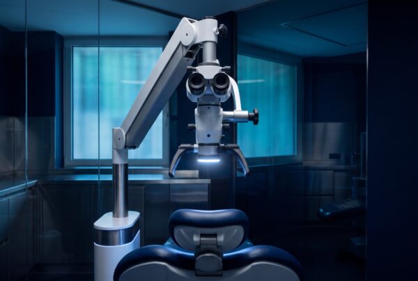 Microscope opératoire au-dessus d'un fauteuil dentaire, salle de soins
