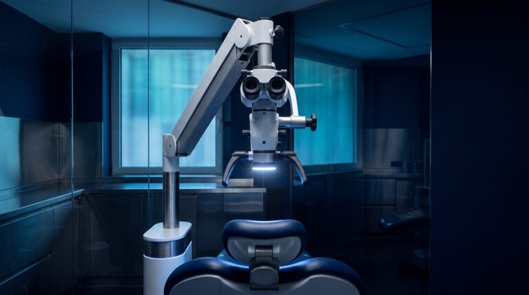 Microscope opératoire au-dessus d'un fauteuil dentaire, salle de soins