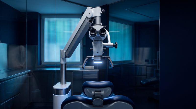 Microscope opératoire au-dessus d'un fauteuil dentaire, salle de soins